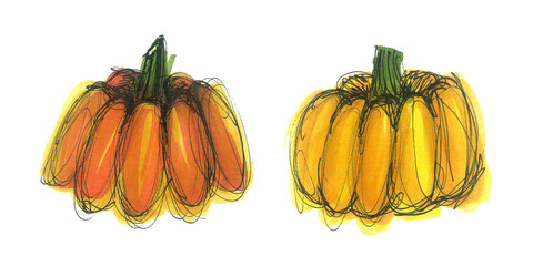 Pumpkin marker illustration. Two hand drawn stylized pumpkins isolated on white background. Fast sketch with markers and black liner. Element for halloween design