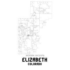Elizabeth Colorado. US street map with black and white lines.