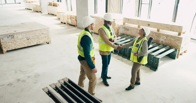 Engineering team, handshake and teamwork at construction site, support or collaboration after successful project. Shaking hands, architecture and thank you of happy group in b2b partnership agreement