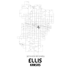 Ellis Kansas. US street map with black and white lines.