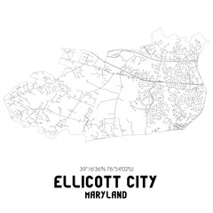 Ellicott City Maryland. US street map with black and white lines.