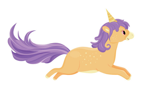 Beige unicorn running. Charming animal with purple mane and horn. Fantasy and imagination. Sticker for social networks and messengers. Toy or mascot for children. Cartoon flat vector illustration