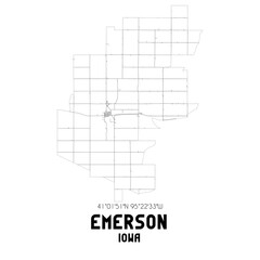 Emerson Iowa. US street map with black and white lines.