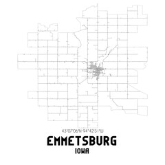 Emmetsburg Iowa. US street map with black and white lines.