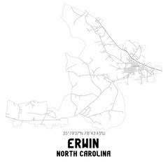 Erwin North Carolina. US street map with black and white lines.