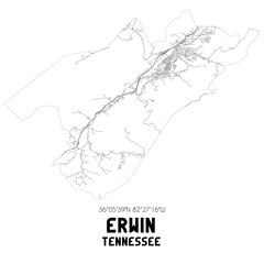 Erwin Tennessee. US street map with black and white lines.