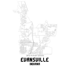 Evansville Indiana. US street map with black and white lines.