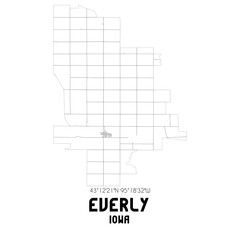 Everly Iowa. US street map with black and white lines.