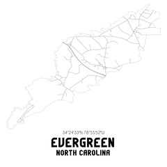 Evergreen North Carolina. US street map with black and white lines.