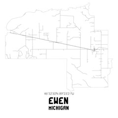 Ewen Michigan. US street map with black and white lines.