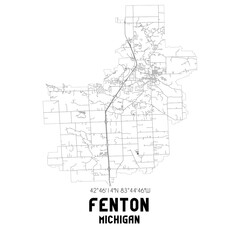 Fenton Michigan. US street map with black and white lines.