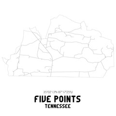 Five Points Tennessee. US street map with black and white lines.