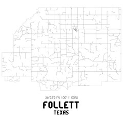 Follett Texas. US street map with black and white lines.