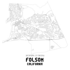 Folsom California. US street map with black and white lines.