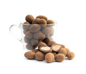 Almonds in chocolate coated in cocoa isolated on white background.