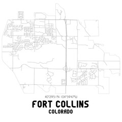 Fort Collins Colorado. US street map with black and white lines.