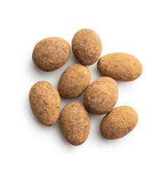 Almonds in chocolate coated in cocoa powder isolated on white background.