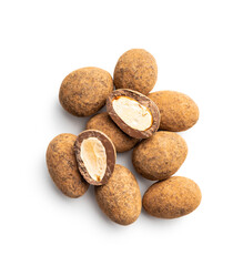 Almonds in chocolate coated in cocoa powder isolated on white background.