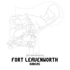 Fort Leavenworth Kansas. US street map with black and white lines.