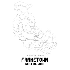 Frametown West Virginia. US street map with black and white lines.