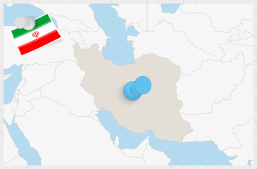 Map of Iran with a pinned blue pin. Pinned flag of Iran.