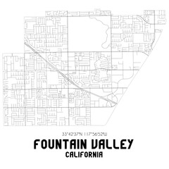 Fountain Valley California. US street map with black and white lines.