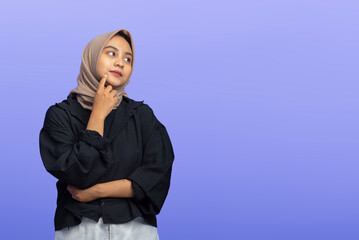 Asian Muslim Woman with expression trying to understand, finger on cheek looking to Right Isolated
