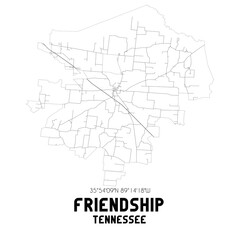 Friendship Tennessee. US street map with black and white lines.
