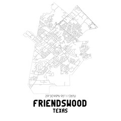 Friendswood Texas. US street map with black and white lines.