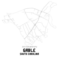 Gable South Carolina. US street map with black and white lines.