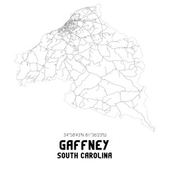 Gaffney South Carolina. US street map with black and white lines.