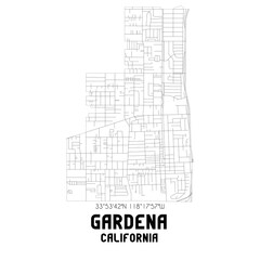 Gardena California. US street map with black and white lines.
