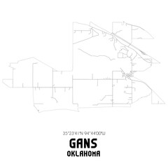 Gans Oklahoma. US street map with black and white lines.