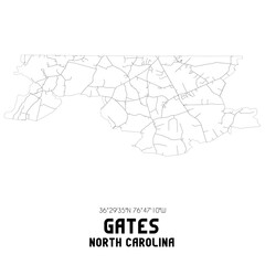 Gates North Carolina. US street map with black and white lines.