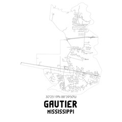 Gautier Mississippi. US street map with black and white lines.