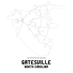 Gatesville North Carolina. US street map with black and white lines.
