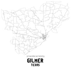 Gilmer Texas. US street map with black and white lines.