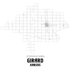 Girard Kansas. US street map with black and white lines.