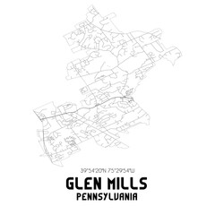 Glen Mills Pennsylvania. US street map with black and white lines.