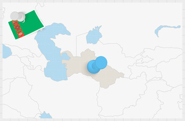 Map of Turkmenistan with a pinned blue pin. Pinned flag of Turkmenistan.