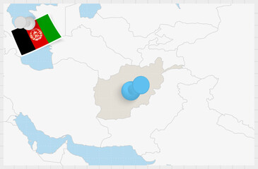 Map of Afghanistan with a pinned blue pin. Pinned flag of Afghanistan.