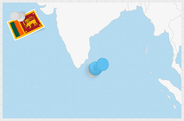 Map of Sri Lanka with a pinned blue pin. Pinned flag of Sri Lanka.