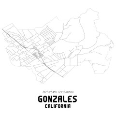Gonzales California. US street map with black and white lines.
