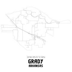 Grady Arkansas. US street map with black and white lines.