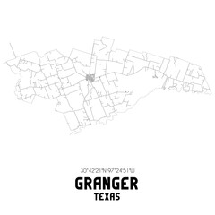 Granger Texas. US street map with black and white lines.
