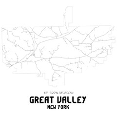 Great Valley New York. US street map with black and white lines.