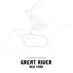 Great River New York. US street map with black and white lines.
