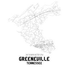 Greeneville Tennessee. US street map with black and white lines.
