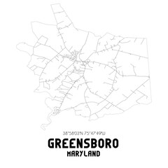 Greensboro Maryland. US street map with black and white lines.