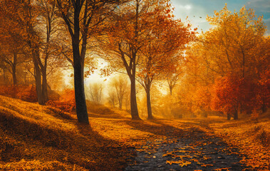 Autumn forest with gold and yellow sunshine atmosphere